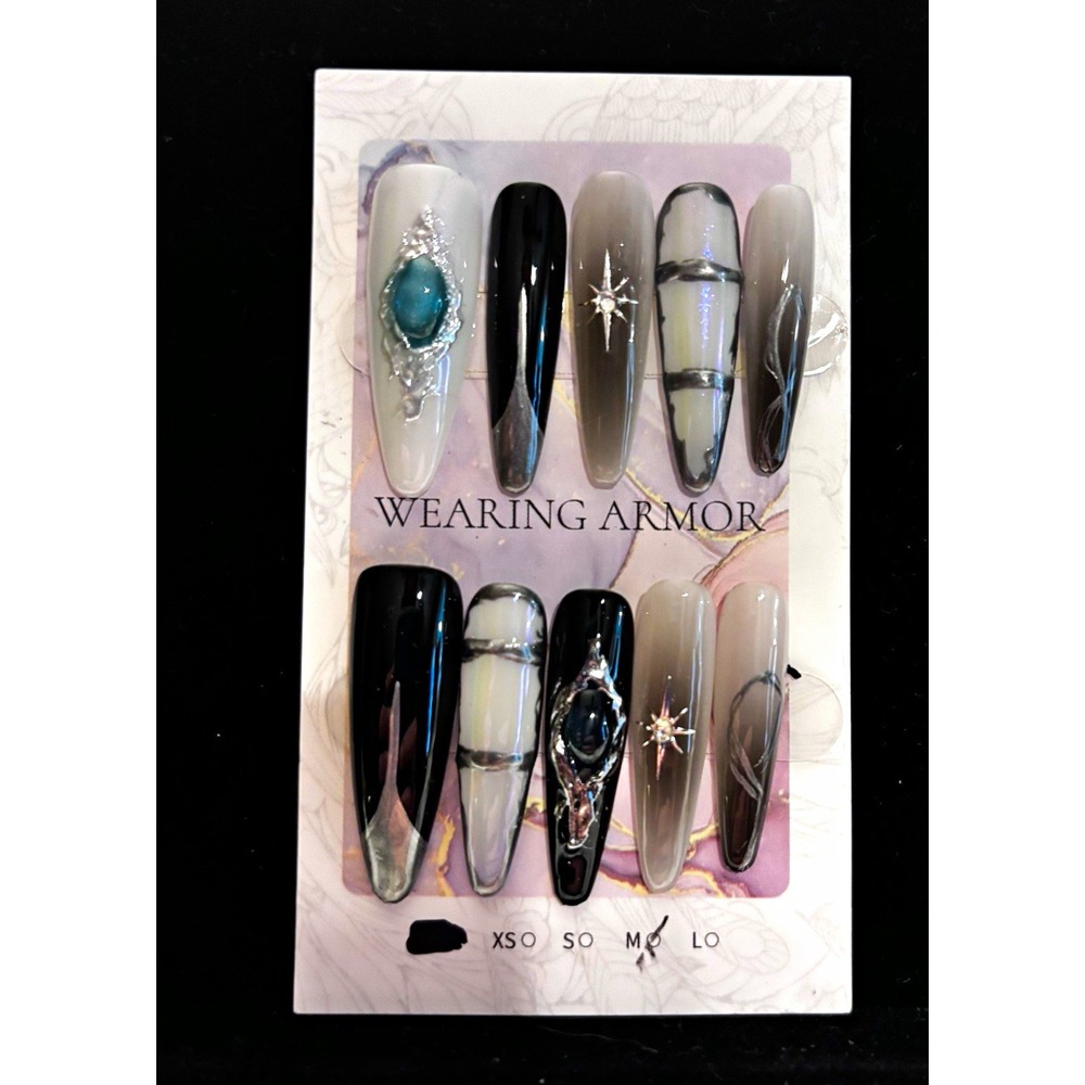 Wearing Armor Press-On Nails Long Coffin Black Gray White Star Shiny[JB2]